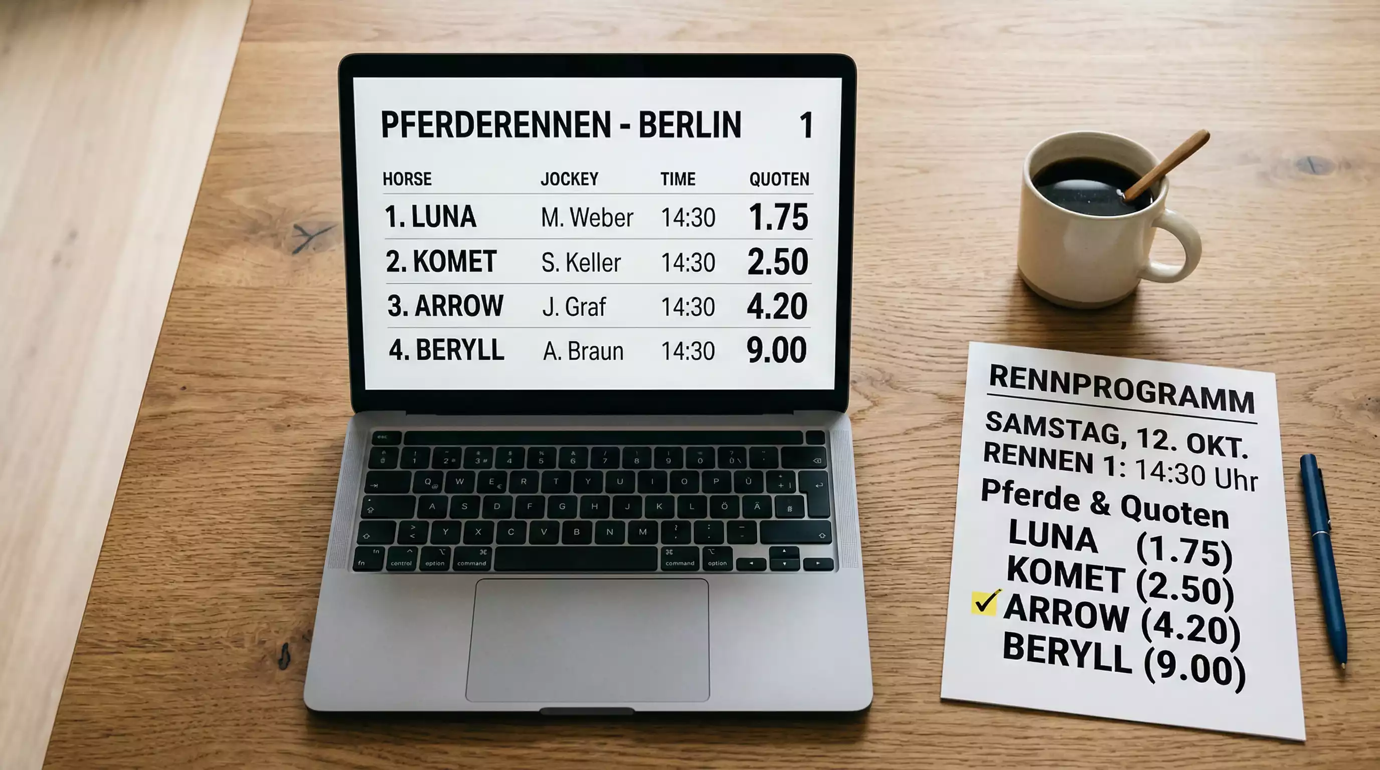 Laptop mit Pferdewetten-Anbieter-Vergleich und Quotenübersicht auf dem Bildschirm