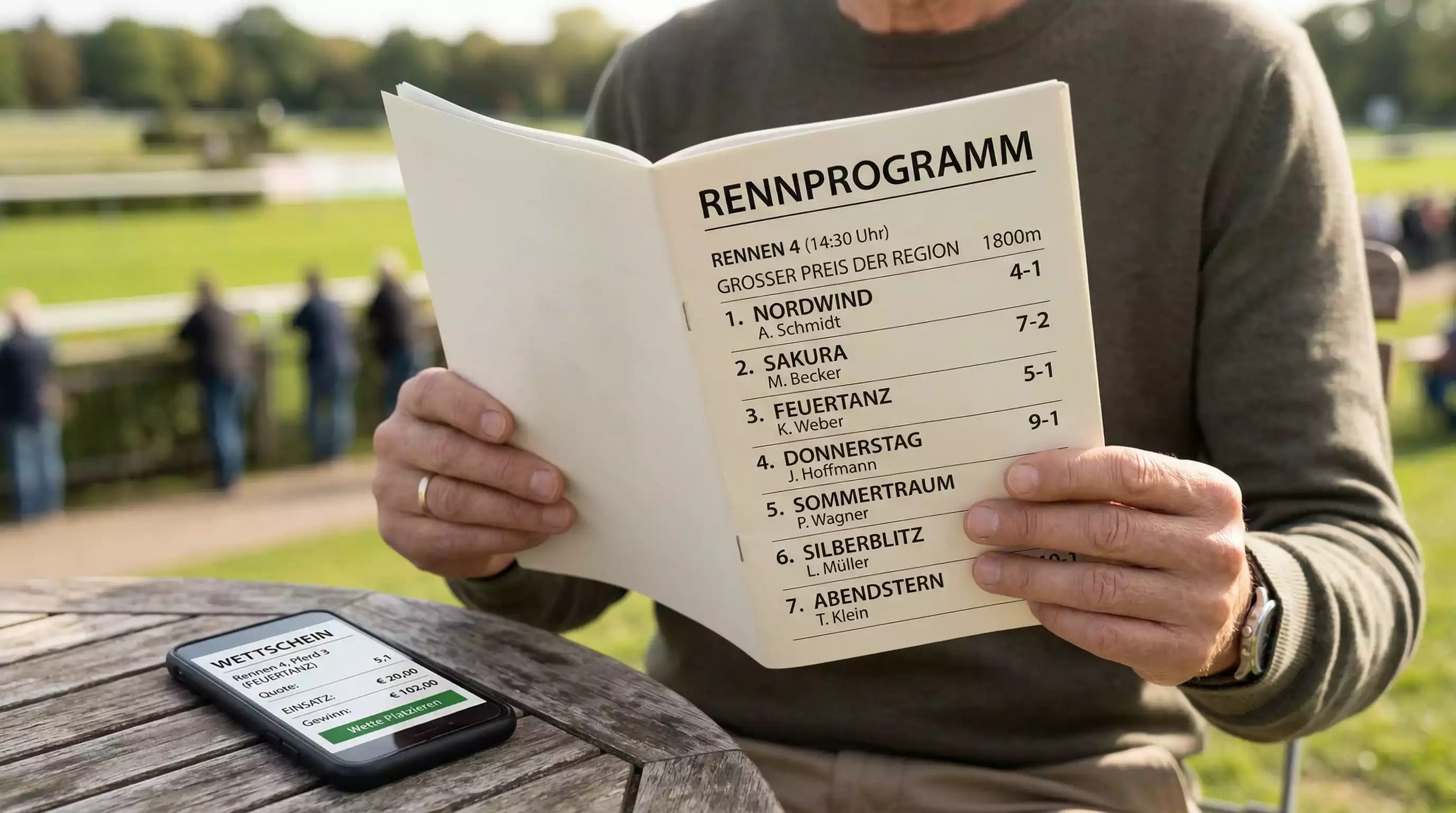Person analysiert einen Wettschein mit Rennkarte und Starter-Informationen